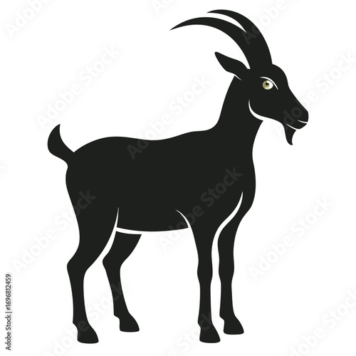 Black silhouette of a goat with curved horns and a light green eye white background animal