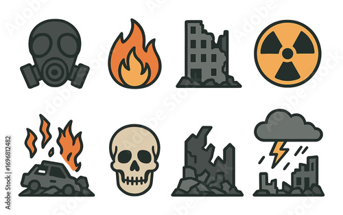 Apocalyptic icons: gas mask, fire, radiation, ruins, skull, storm