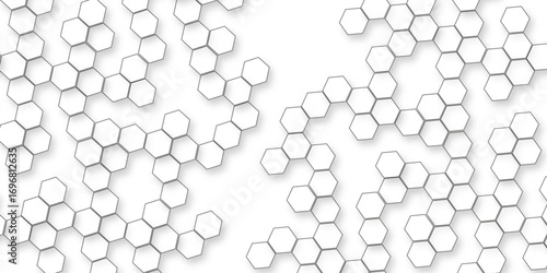 A pattern of white hexagon shapes arranged subtle shadows that create a three-dimensional, layered effect, geometric repetition and depth of the hexagonal grid.
