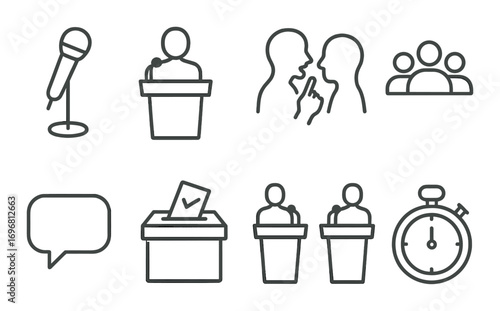 Debate and discussion icons set with mic, podium, voting, and stopwatch graphics