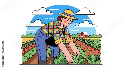 Harvest in the Fields: An illustrated farmer tends to her crops in a vibrant field, with a red barn in the background under a bright sky. Capturing the essence of rural life and agricultural harvest.