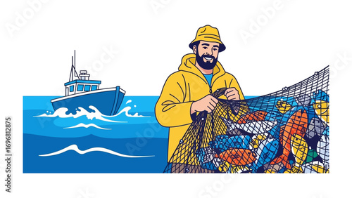 Seafarer at Work: This illustration captures the essence of a fisherman's daily life as he expertly manages his catch on the open water, near his vessel.