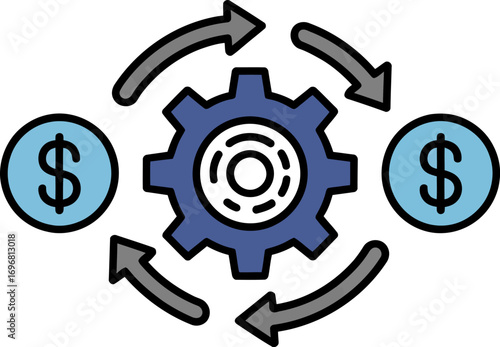 Circular flow of money and gears symbolizing financial process and business operations.