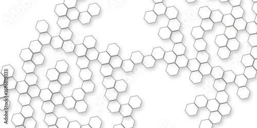 A pattern of white hexagon shapes arranged subtle shadows that create a three-dimensional, layered effect, geometric repetition and depth of the hexagonal grid.
