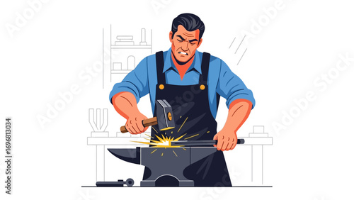 Forging a Legacy: A determined artisan, wielding a hammer, shapes metal on an anvil, creating sparks in this illustration of traditional craftsmanship. 