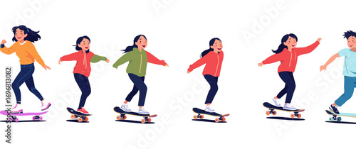 A vibrant illustration capturing children skateboarding and showing movement. Each figure exudes energy, with dynamic poses set against a clean backdrop