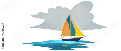 A vibrant sailboat gracefully navigating the open sea, under the backdrop of dramatic clouds. The colorful sails catch the wind as the boat moves across the water.