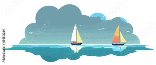 Two sailboats sailing on the sea, enjoying a calm day with fluffy clouds. The boats have colorful sails and reflect on the water