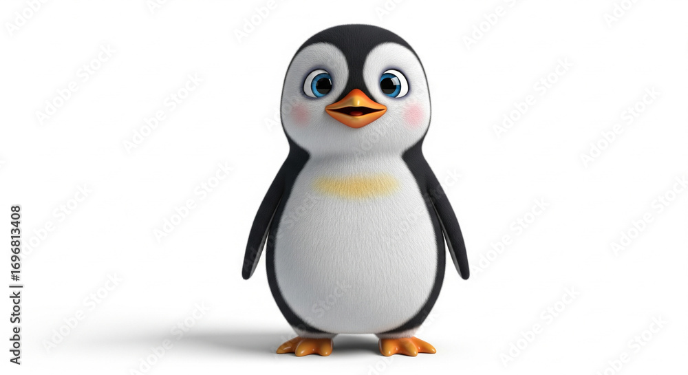 Fototapeta premium A cute 3D animated baby penguin character with big blue eyes and rosy cheeks standing on a clean white background.