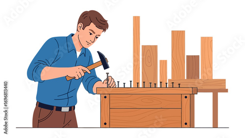 Crafting Creations: A skilled craftsman confidently hammers a nail into a wooden project, embodying precision and diligence. This image represents the essence of construction