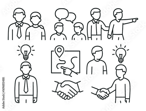 Hand-drawn business icons featuring diverse concepts and interactions