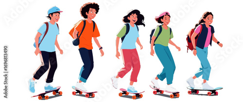 Group of children skateboards, full length vector illustration