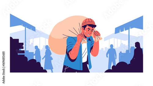 The Burden Bearer: A stoic figure carries a heavy sack through a bustling market, a testament to dedication and hard work. This digital illustration encapsulates themes of labor, duty.