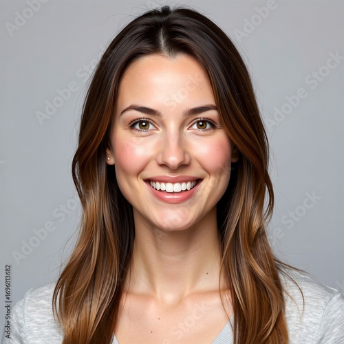 A beautiful portrait of a happy young brunette woman with a genuine, friendly smile and long healthy hair looking at the camera on a neutral grey studio background