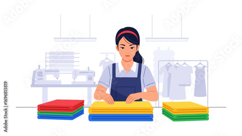 Precision in Textile Industry: A diligent textile worker, surrounded by vibrant fabrics and industry-specific machinery, meticulously prepares textiles.