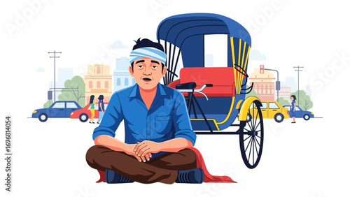 Rickshaw man and city scene: A vibrant illustration depicts a rickshaw man in the bustling cityscape, surrounded by other vehicles, representing the energy of the city.