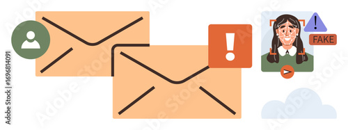 Envelopes represent email communication, alert highlighting phishing and deepfake identification. Ideal for cybersecurity, fraud prevention, data safety, technology ethics, online threats, digital