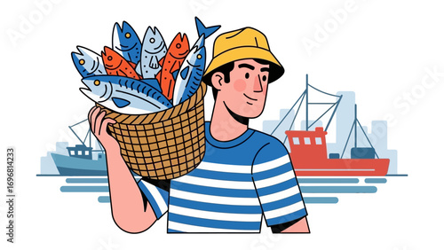 Fresh Catch of the Day: A fisherman, smiling proudly, carries a brimming basket of freshly caught fish, showcasing a vibrant scene of maritime livelihood and abundance. 