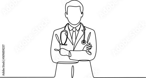 Professional doctor with stethoscope and arms crossed, representing healthcare and medical expertise.