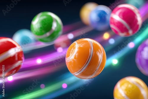Colorful lottery balls flying on a dark background with neon lights trails