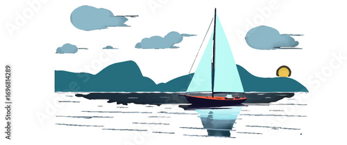 A serene illustration of a sailboat sailing on calm waters near mountains with fluffy clouds in the sky