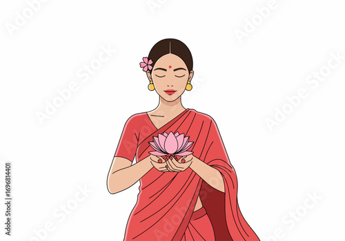 A serene woman holding a lotus flower with her eyes closed, embracing peace and tranquility. She radiates a sense of calmness and is surrounded by tranquility.