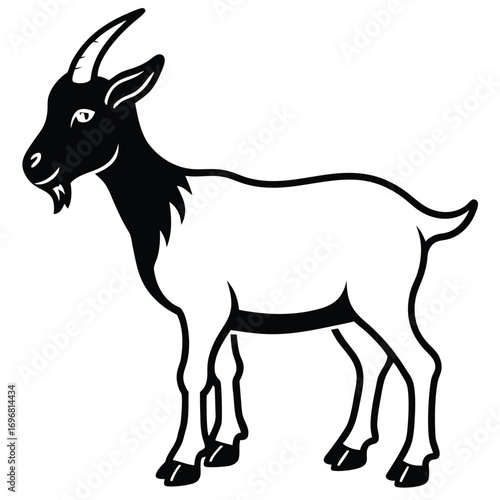Black silhouette of a goat with horns and beard on white background animal