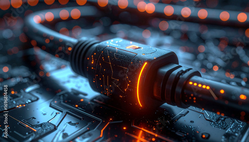High-Tech Connection: A close-up perspective of a futuristic USB-C cable, showcasing the sleek design and vibrant glow against a backdrop of intricate circuit board patterns. 