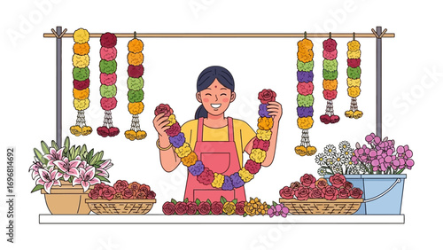 Cheerful Flower Seller: A flower seller arranges vibrant floral garlands, surrounded by an array of colorful blooms, exemplifying the essence of artistry and joyous creativity.
