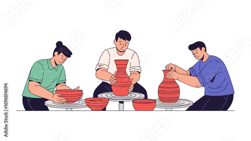 Crafting Ceramics: Three figures immerse themselves in the tactile art of pottery, showcasing their skill as they sculpt clay on the wheel, crafting unique ceramic vessels and bowls.