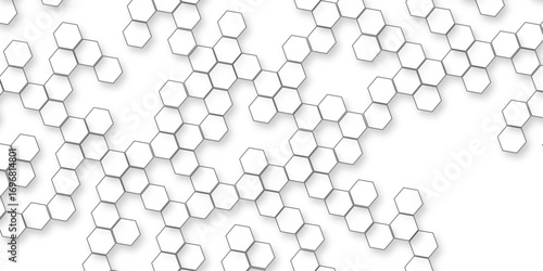 A pattern of white hexagon shapes arranged subtle shadows that create a three-dimensional, layered effect, geometric repetition and depth of the hexagonal grid.