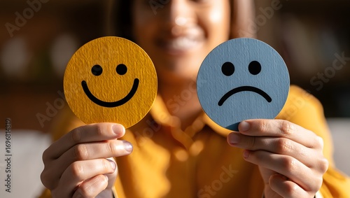 A person holding a happy face and a sad face cutout, symbolizing contrasting emotions.