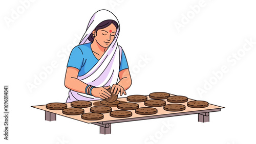 Woman preparing dung cakes in traditional rural setting: Depicts an Indian woman meticulously preparing dung cakes on a wooden platform.