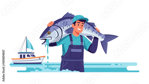 The Catch of the Day: A cheerful fisherman, radiating pride, bears a sizable fish fresh from the sea, his joy mirroring his successful haul