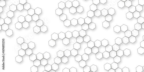 A pattern of white hexagon shapes arranged subtle shadows that create a three-dimensional, layered effect, geometric repetition and depth of the hexagonal grid.