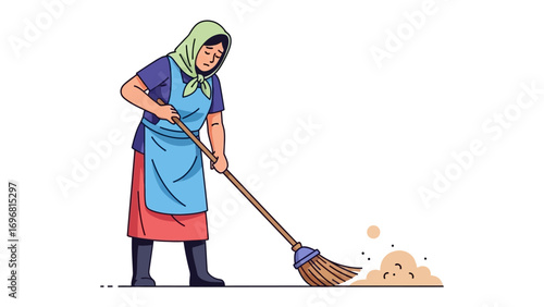Woman Sweeping the Floor: An elderly woman, clad in traditional attire, diligently sweeps the floor with a broom, demonstrating simplicity and labor.