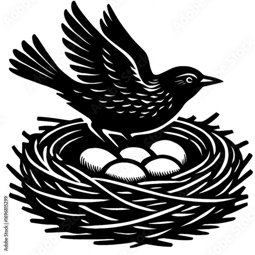 Nest and fledgling: A black and white illustration, depicts a heartwarming scene of a mother bird perched protectively above her nest containing eggs