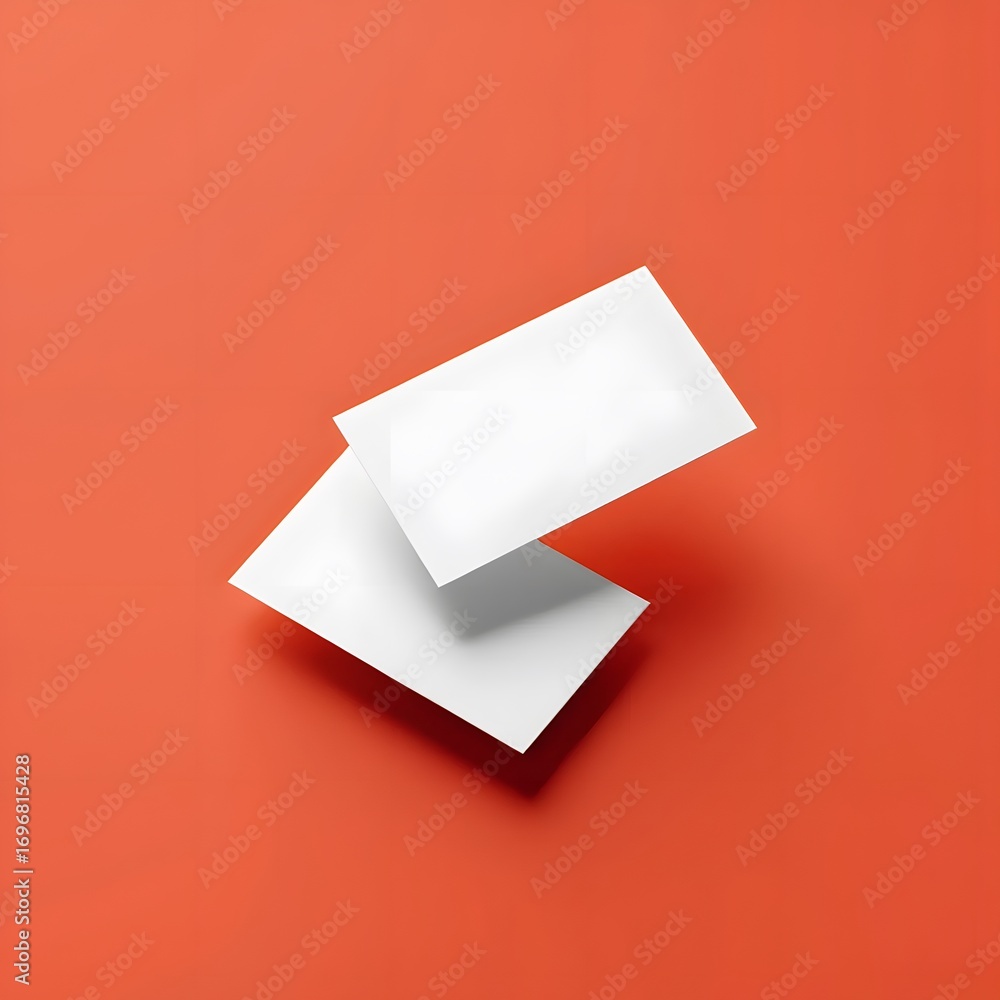 Two blank white business cards floating on a vibrant orange background Two blank white business cards floating on a vibrant orange background