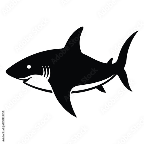 Black Silhouette of a Great White Shark Swimming on White Background black and white animal