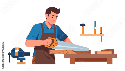 Craftsman in the Workshop: A skilled craftsman skillfully employs a hand saw to cut through wood, within a well-equipped workshop environment. This scene captures precision, artisan skill.