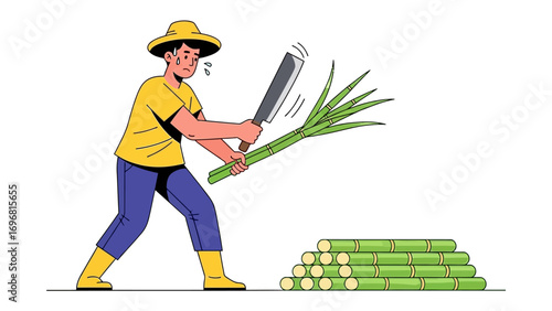 Harvesting: A Farmer at Work. An illustrated farmer diligently wields a machete to harvest sugarcane. This vibrant illustration highlights the labor-intensive process of agriculture.