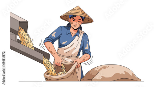 Harvesting Grain: An illustration captures a dedicated farm worker, adorned with a straw hat, diligently gathering grains into a sack. The scene portrays elements of labor and culture.