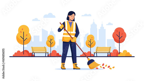 Autumn Sweep: In a vibrantly illustrated urban park, a municipal worker diligently sweeps fallen autumn leaves, maintaining order and cleanliness amidst a city landscape. 