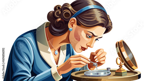 Close-up portrait of female jeweler polishing a delicate ring. White background showcases artistry, attention to detail, and timeless beauty.