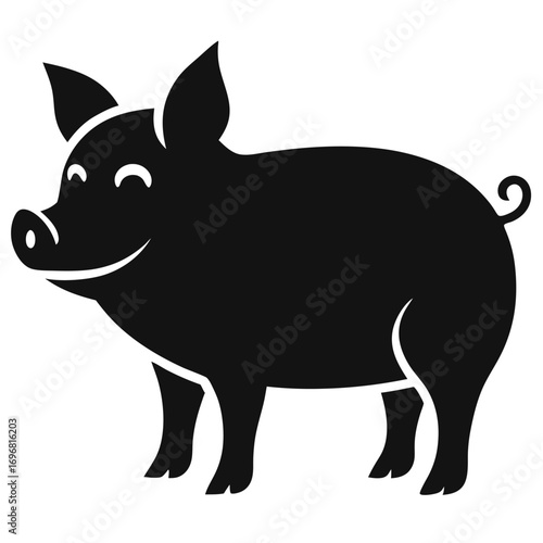 Black Silhouette Of A Happy Pig Standing On A White Background animal