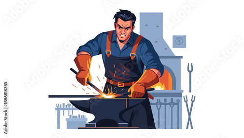 Artisan at Work: A skilled artisan forges a piece of metal with precision and passion, wielding a hammer and other tools, with an intense focus. Witness the age-old craft come alive.