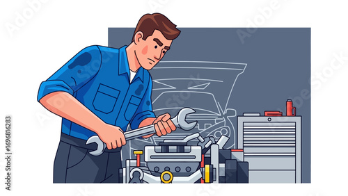 Mechanic in Action: A skilled mechanic meticulously repairs an engine, showcasing expertise and precision. Focused in the garage