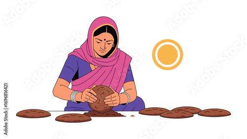 Handcrafted tradition: Depicting a woman engrossed in the artistry of preparing a loaf of bread, a vivid illustration celebrating heritage and culture.