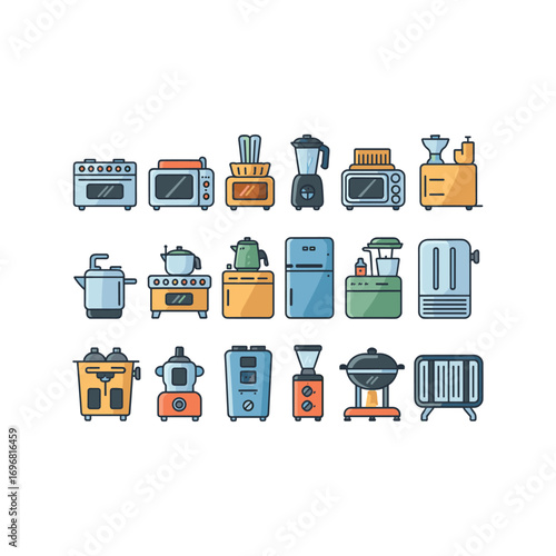 Collection of diverse kitchen appliances and cooking gadgets in a flat design style