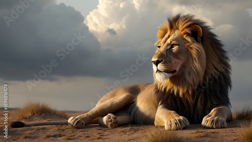 Majestic lion resting in the savannah under a cloudy sky in the african wilderness